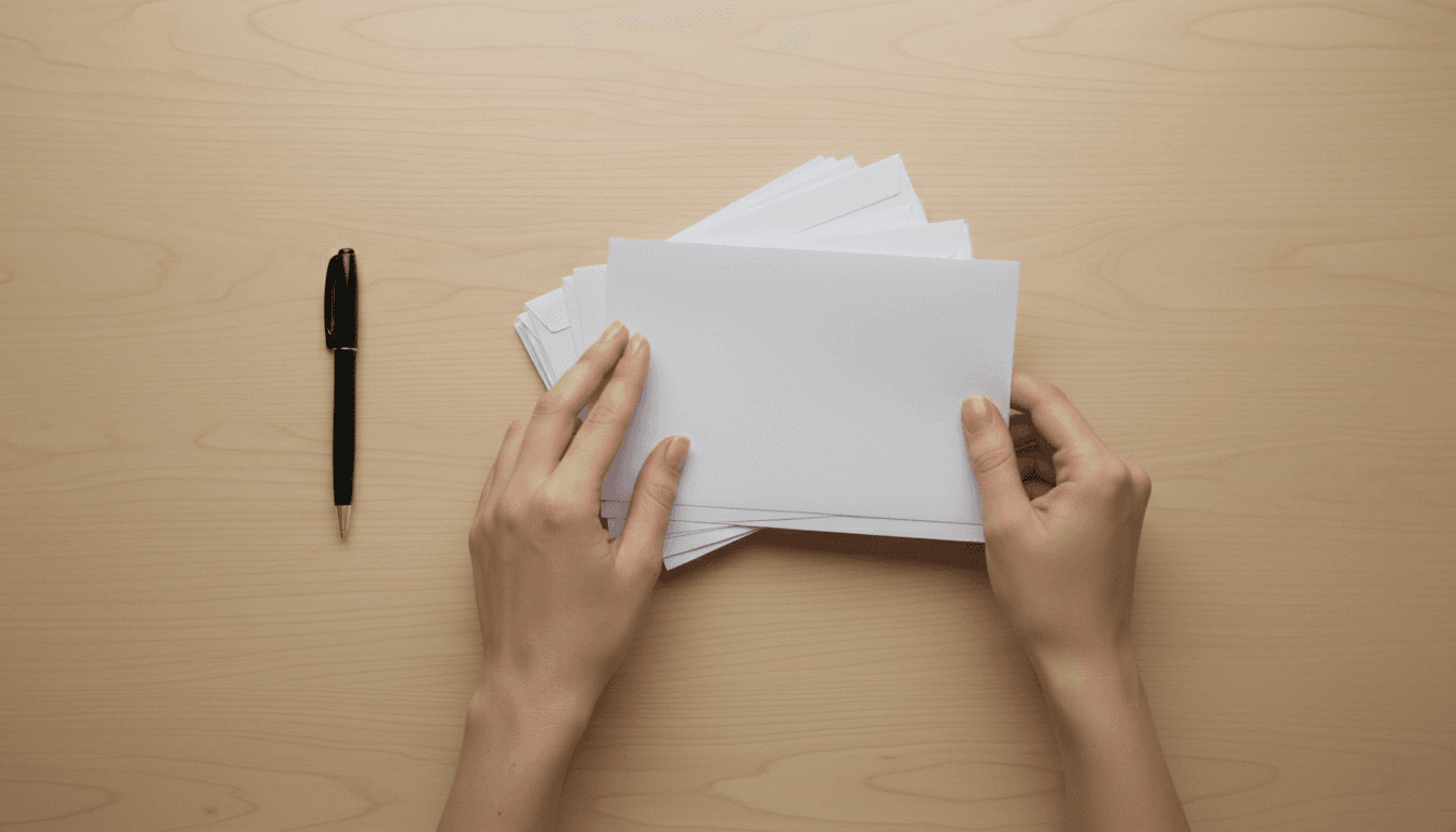 Hands sorting envelopes and papers on wooden surface