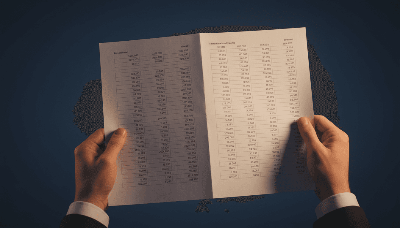 Hands holding a printed financial report under reading light