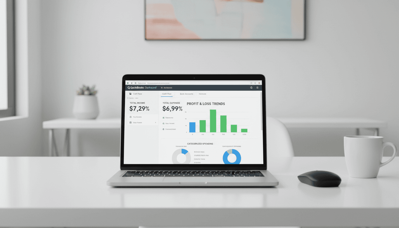 Open laptop displaying a QuickBooks dashboard on a modern office desk