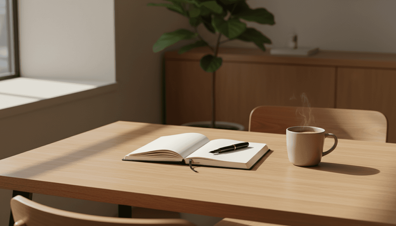 Small desk with open ledger notebook and pen in bright DC office
