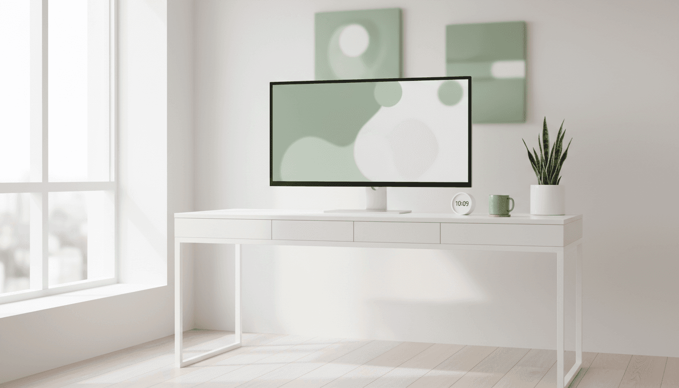 Modern desk with monitor, clock, and plant in bright office