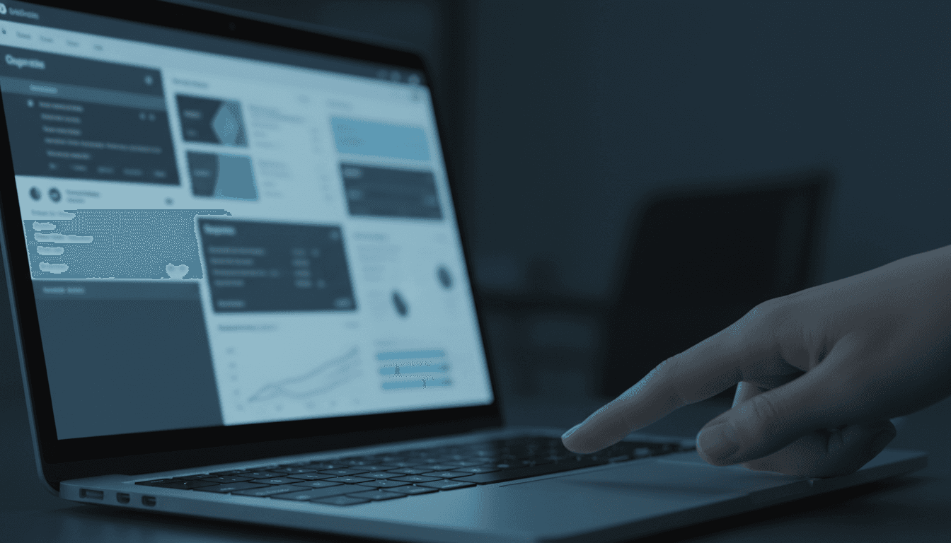 Blurred QuickBooks dashboard on laptop screen with finger on touchpad