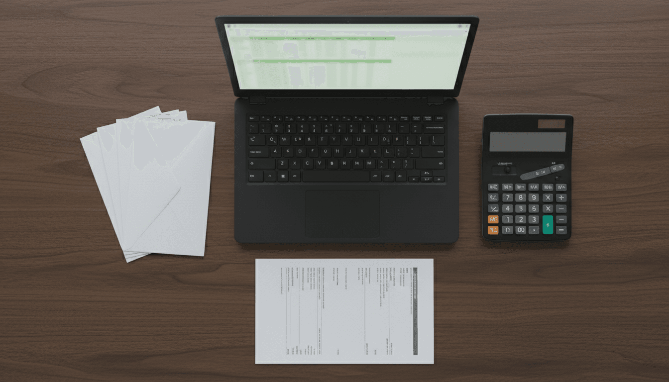 Flat lay of laptop, calculator, and bank statement on desk