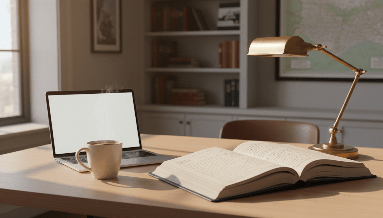 Organized desk with ledger, laptop, and coffee in a bright DC office