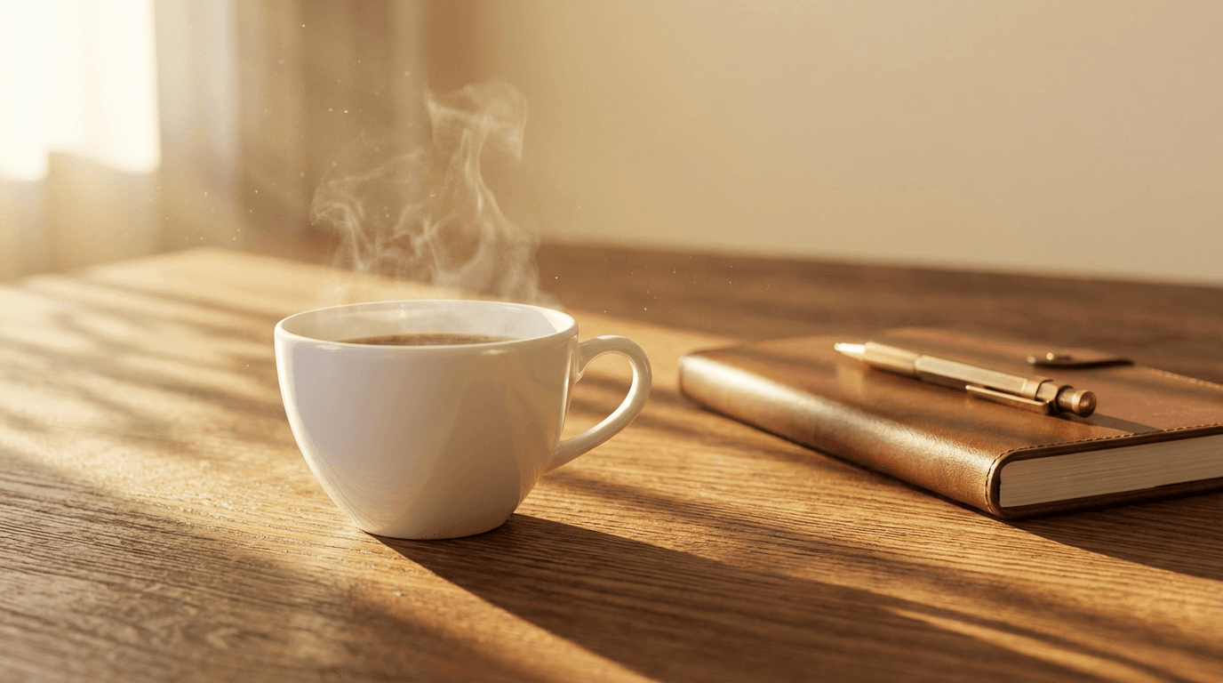 Calculator and coffee cup on a desk with city skyline visible through window