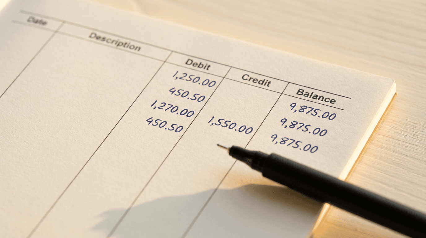 Open ledger with balance sheet and calculator on a desk