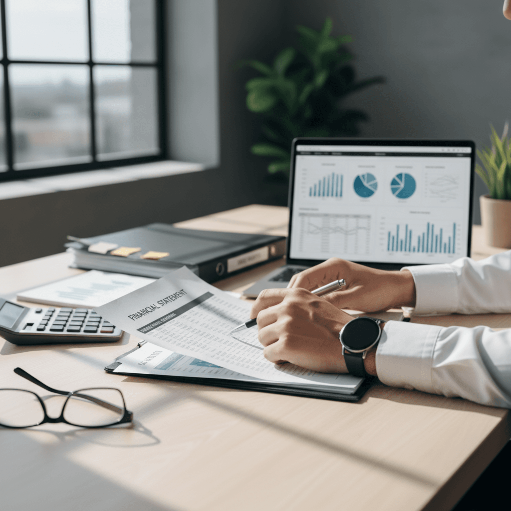 Financial ledger and laptop with spreadsheet on a wooden desk