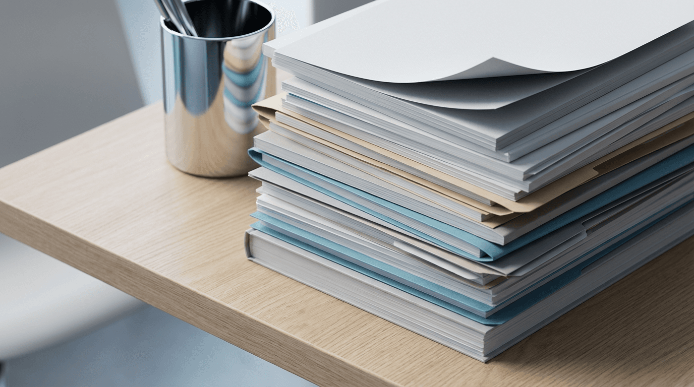 Payroll documents and calculator on a desk