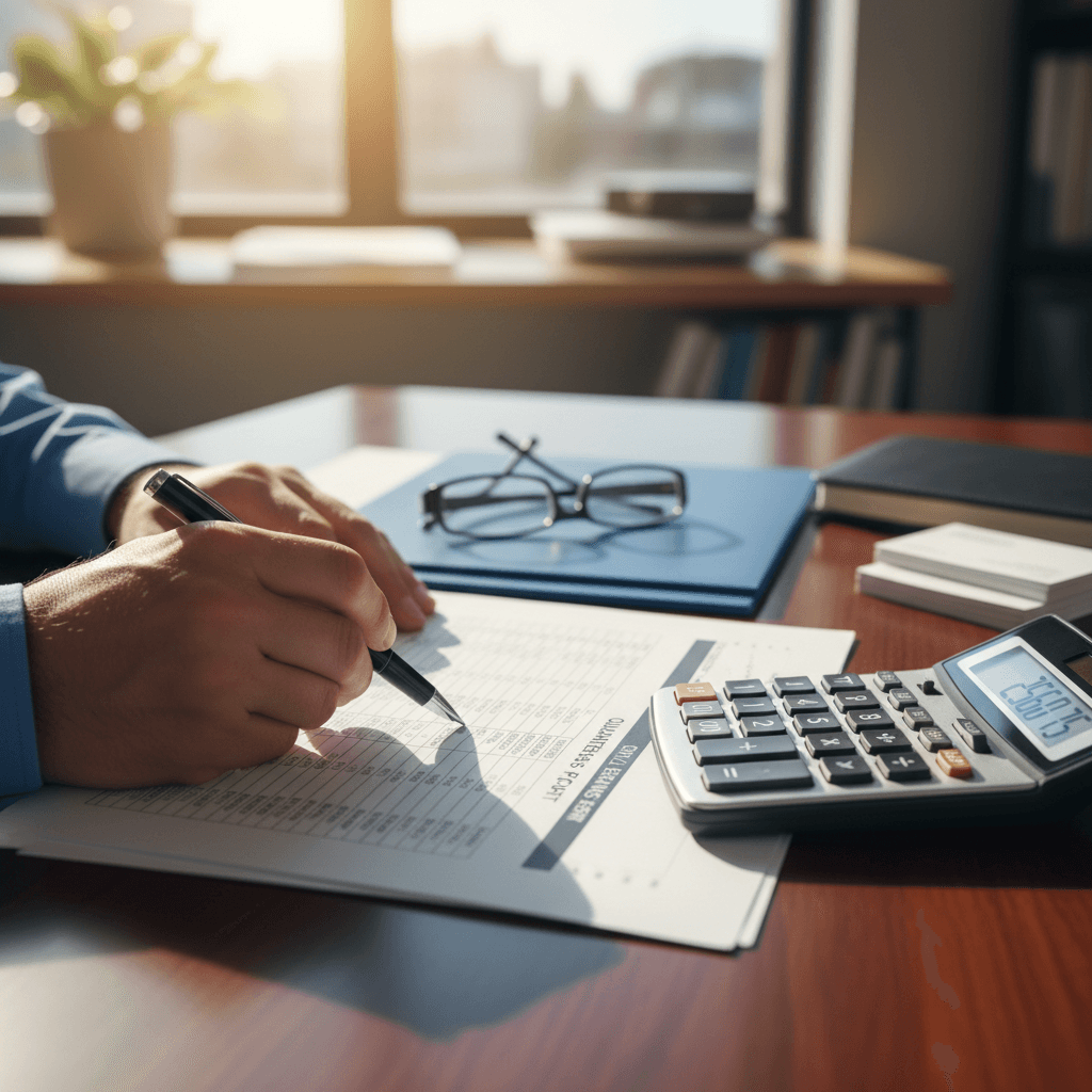 Printout of a profit and loss statement on a desk with a pen