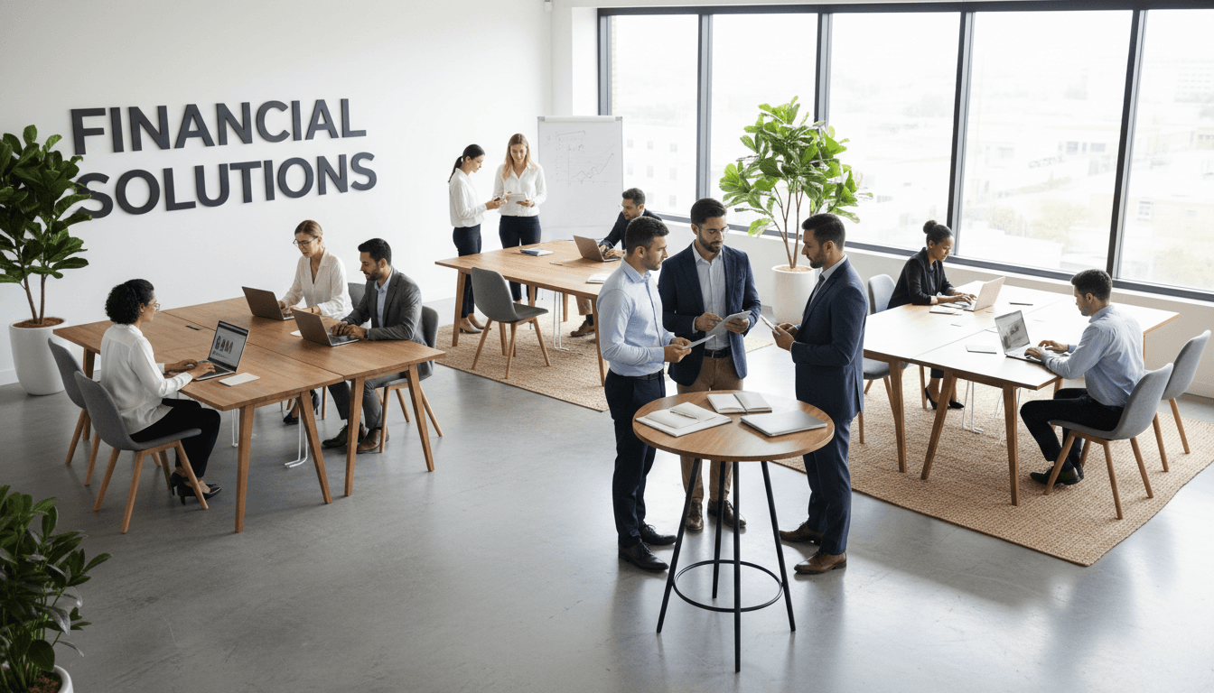 Diverse financial professionals collaborating in modern open-plan office with natural lighting and contemporary design