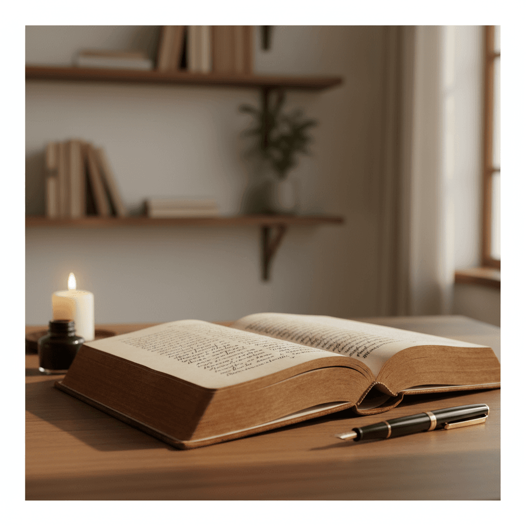 Open ledger and pen on a wooden desk